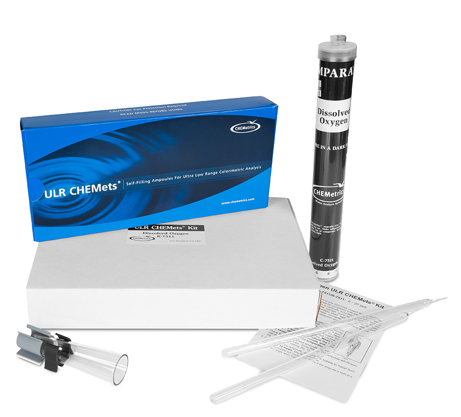 K-7511 Oxygen (dissolved) ULR CHEMets® Visual Test Kit Contents and Packaging