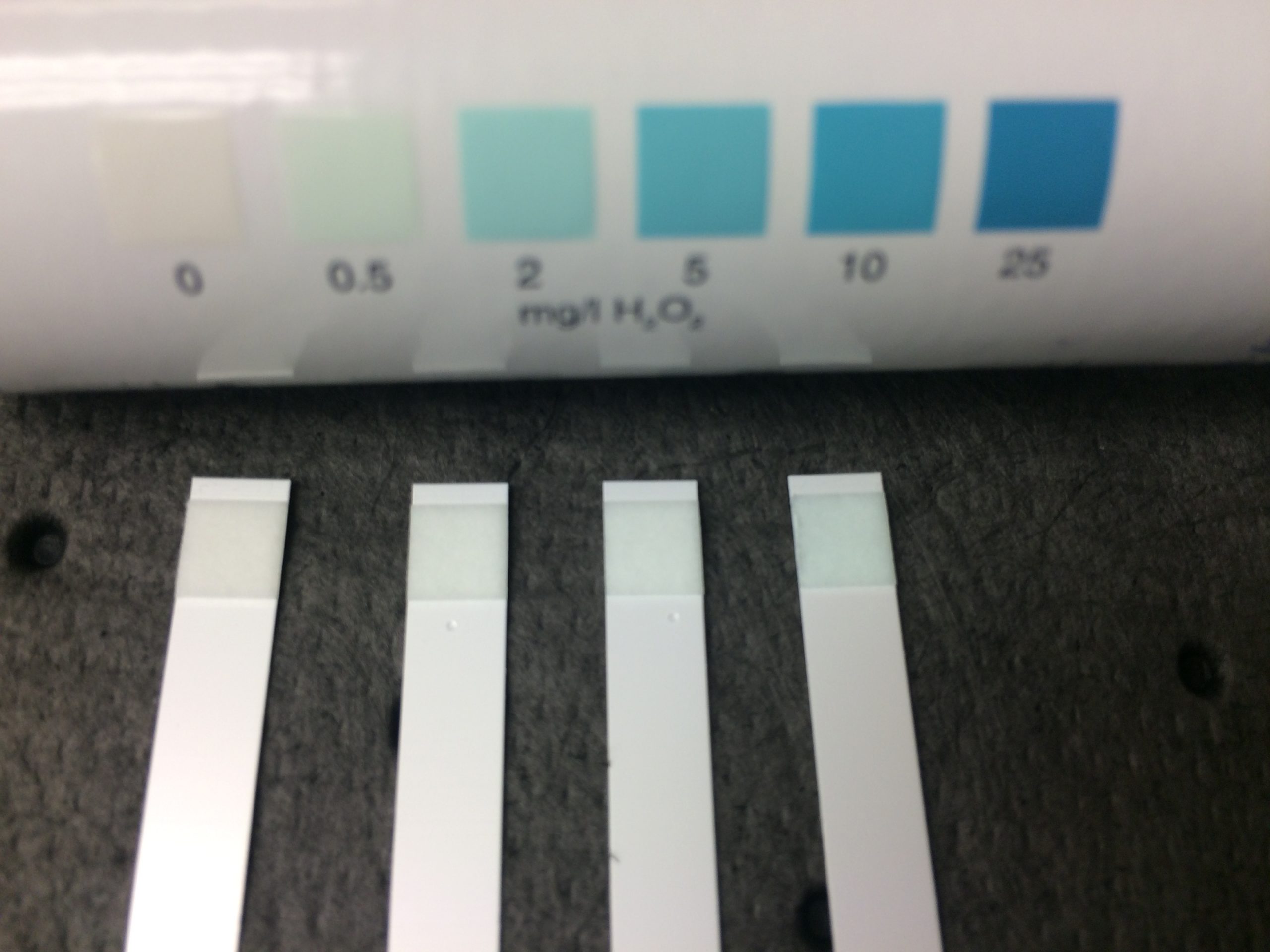 4 hydrogen peroxide test strips of increasing concentration being read against the corresponding color chart