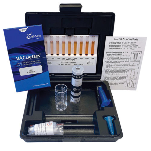 CHEMetrics K-6010B Iron Total and Soluble Visual VACUettes Test Kit packaging and contents.