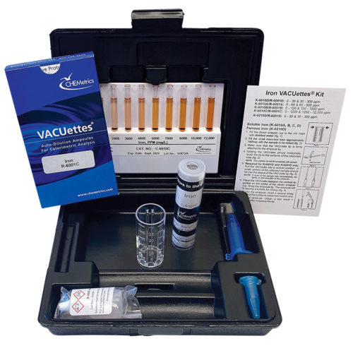 CHEMetrics K-6010C Iron Total and Soluble Visual VACUettes Test Kit packaging and contents.