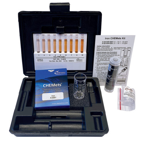 CHEMetrics K-6010 Iron Total and Soluble Visual CHEMets Test Kit packaging and contents.