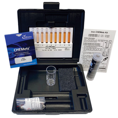 Image of CHEMetrics K-6210 Iron Total and Ferrous CHEMets Test Kit packaging and contents.