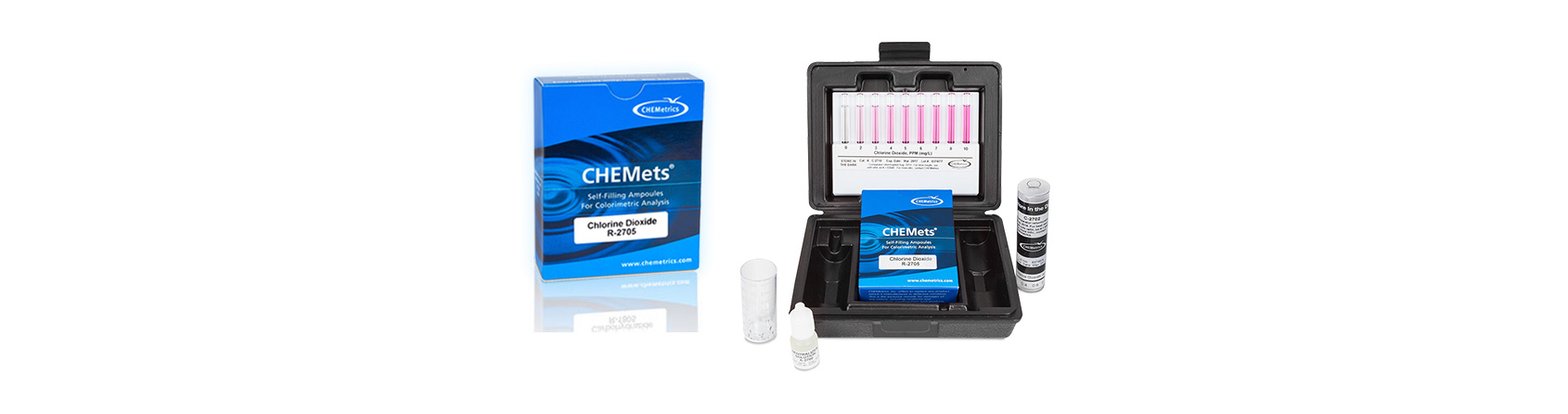 Chlorine Dixoide CHEMets refill box next to Chlorine Dioxide CHEMets test kit