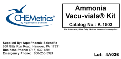 Example of the label that goes on the top panel of the CHEMetrics kit box.